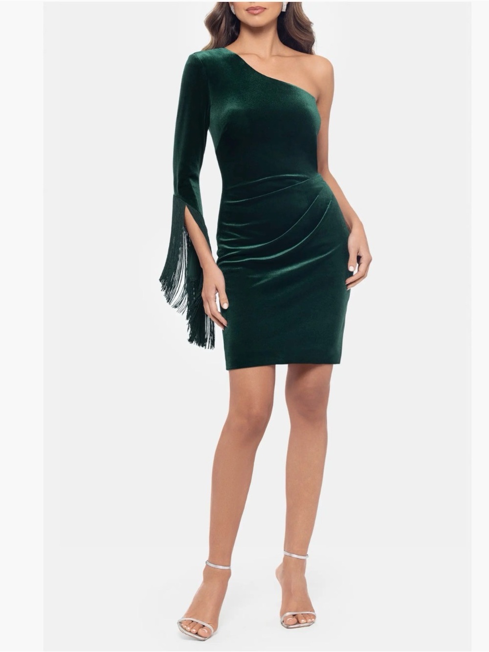 Betsy & Adam One-Shoulder Fringed Velvet Sheath Dress in Green Size 10